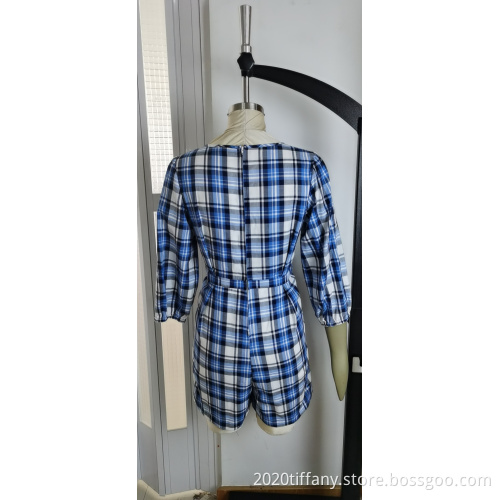 Blue Plaid Jumpsuit For Summer Fashion Ladies